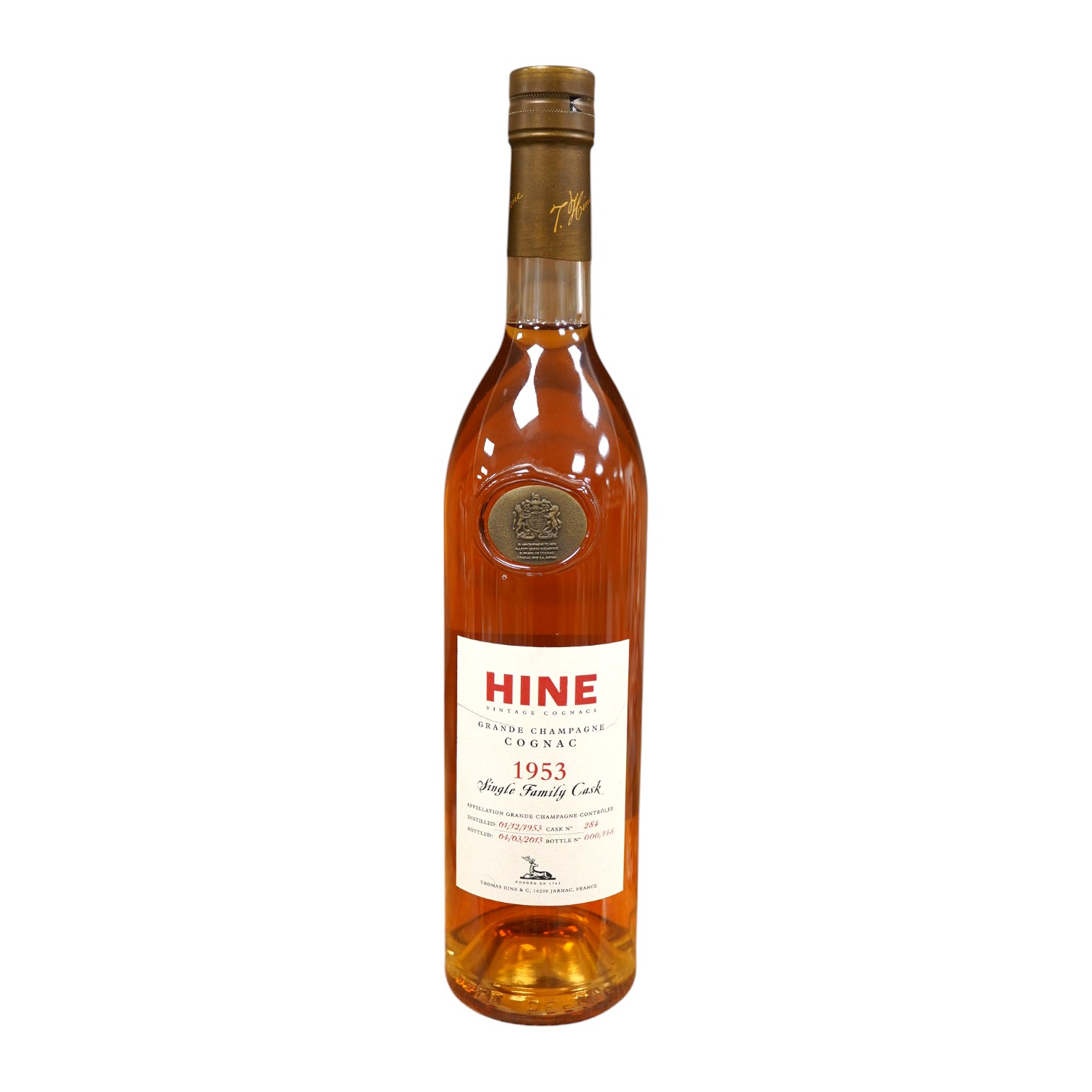 One bottle of Hine Vintage Grande Champagne Cognac 1953, Single Family Cask, distilled 01/12/1953 Cask no. 284, bottled 04/03/2013 Bottle no. 000.148. Condition - good